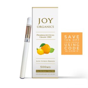 picture of CBD vape pen with discount code 'BLOOM10' from Joy Organics