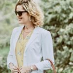 women's white blazer outfit with pastel yellow top