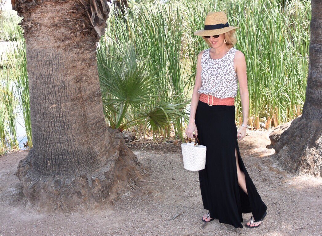 How to style a black maxi skirt 4 ways in summer by Lisa at Midlifeinbloom.com Featured image