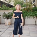 Navy color off-the-shoulder jumpsuit from Lisa at MidlifeinBloom.com