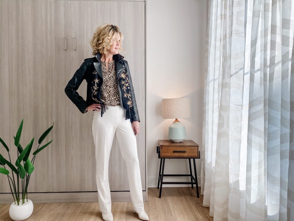 white pants styled for winter from Lisa at Midlifeinbloom.com