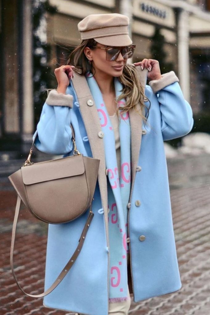 Blue coat with tan accessories outfit