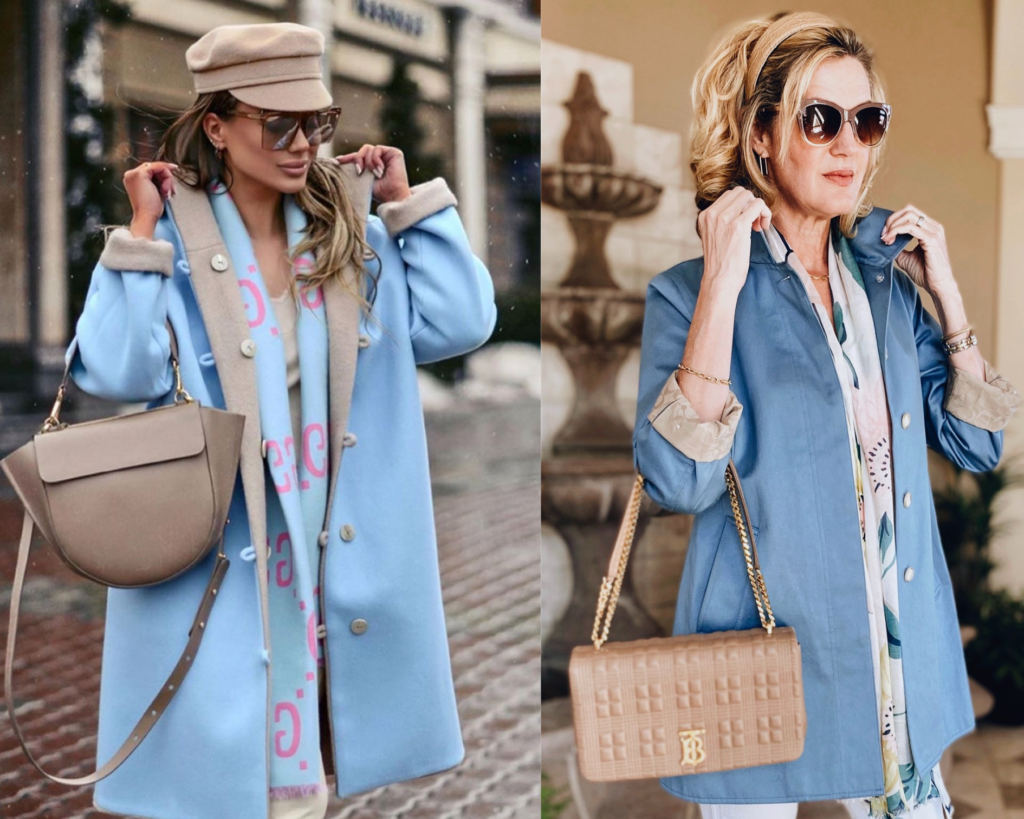Lisa from midlifeinbloom.com recreates Blue coat with tan accessories outfit