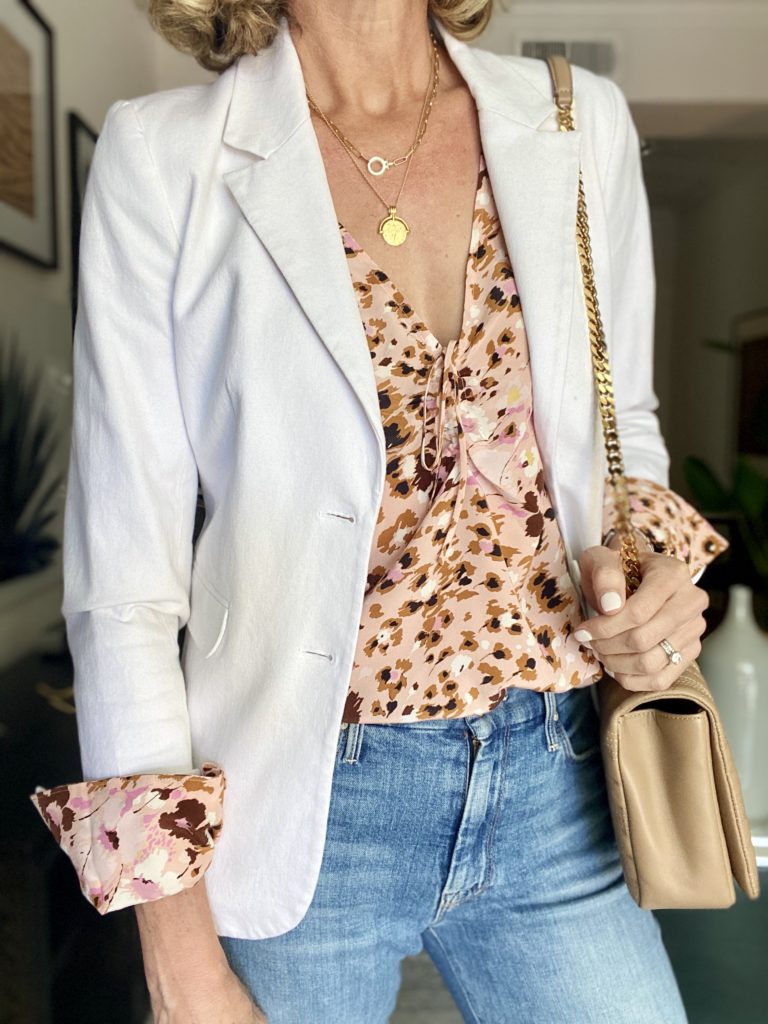 White blazer with pink patterned top