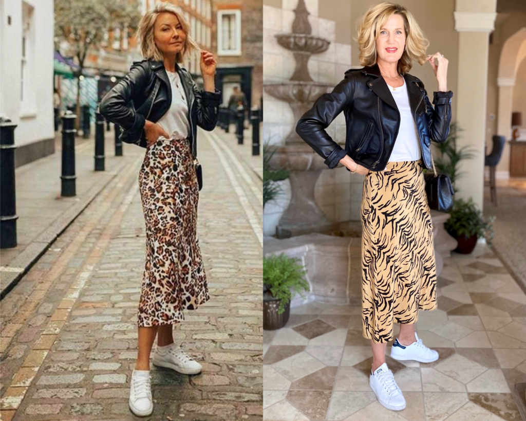 Lisa from midlifeinbloom.com recreates Leopard skirt outfit