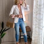 Lisa from Midlifeinbloom.com shows spring outfit with white blazer and jeans