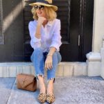 Lisa from Midlifeinbloom.com shows classic spring outfit with linen and leopard